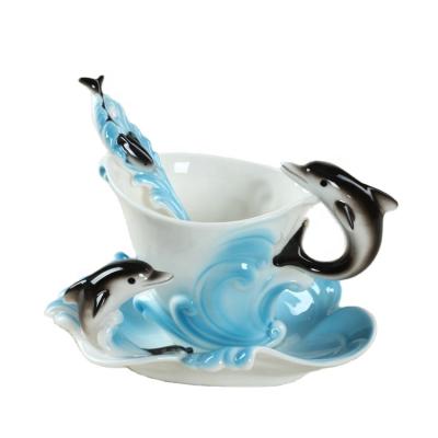 China Traditional Ceramic Cup And Saucer Coffee Cup With 3D Spoon Shape for sale