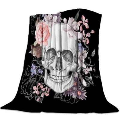 China White Gothic Sugar Skull Velvet Plush Reversible Sherpa Bedding Fleece Blankets Vintage Black Floral Flower Waterproof Covering for sale