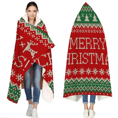 China Merry Christmas Adult Women Hooded Blanket Men Christmas 3D Reindeer Sherpa Plush Fleece Waterproof Wearable Throw Blanket For Living Room for sale