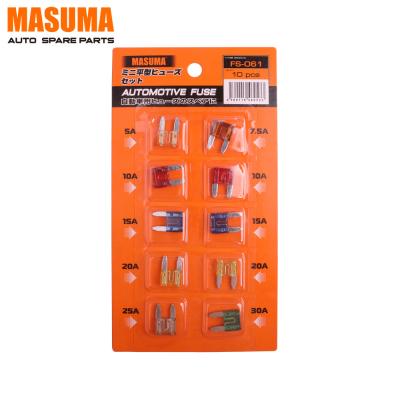 Cina 10 pezzi di fusibili per auto a lame standard colorate per auto 50-30A MASUMA FS-061 17*9,5*1cm in vendita