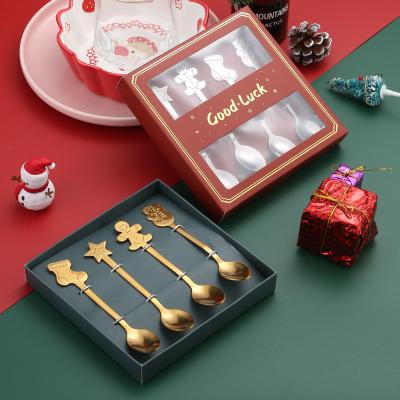 China Disposable Wholesale New Amazon Hot Selling Custom Cute Gold Santa Claus Cutlery Set  Christmas Cutlery Stainless Steel Tea Spoon Set for sale