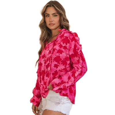 China 2023 European and American women's fashion QUICK-DRY valentine's shirt rose up elegant printed ruffled shirt women for sale