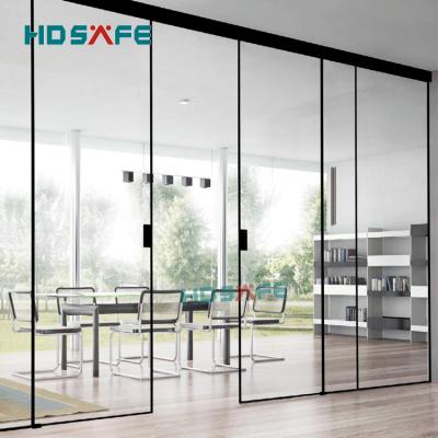 China Customized Soft Closing Black Narrow Frame Timed Sliding Door Tempered Glass Metal Soft Closing Sliding Door Glass for sale