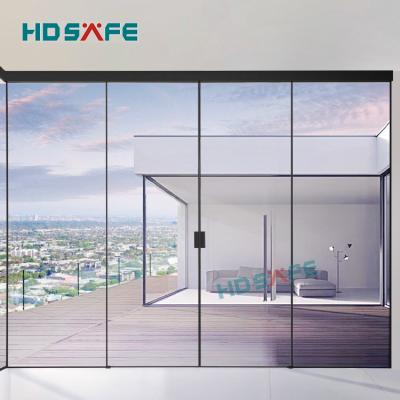 China New Interior Soft Closing Black Aluminum Narrow Frame Sliding Door Soft Closing Glass Design Sliding Tempered Glass Synchronous Door for sale