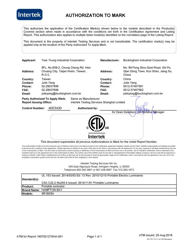 ETL - BUCKINGHAM INDUSTRIAL CORPORATION