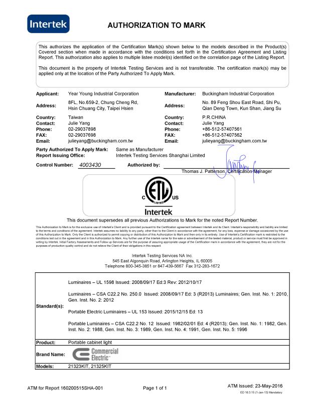 ETL - BUCKINGHAM INDUSTRIAL CORPORATION