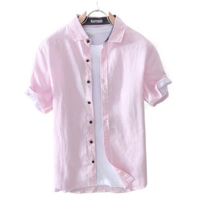 China Summer Small Sleeve Anti-Wrinkle Short Sleeve Men's Cool Striped Canvas Half Sleeve Loose Casual Cotton Thin Breathable Canvas Shirt for sale