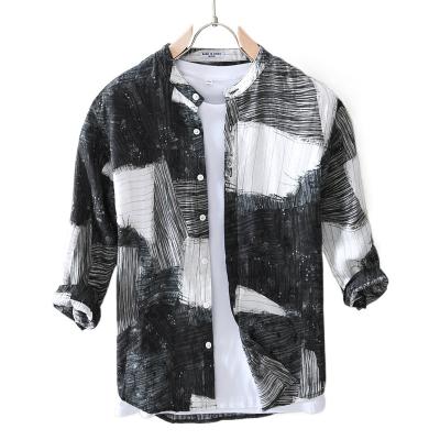 China Anti-wrinkle patchwork color contrast color shorts half sleeve men's summer design trend shirt black pure plain linen casual shirt sense for sale