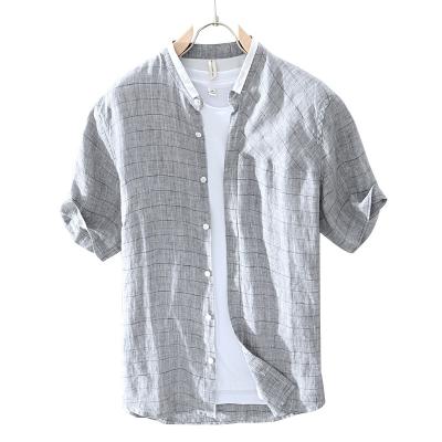 China Wholesale Cheap Youth Fashion Plaid Anti-Wrinkle Plaid Summer Men's Long Sleeve Canvas Shirts Short Casual Linen Shirts for sale