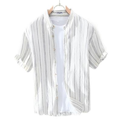 China Anti-wrinkle Japanese striped linen shirt men's summer top casual short-sleeved shirt pure summer clothes for sale