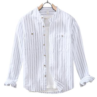 China Youth stripe hemp cotton daily factory men ordinary loose spot type shirt custom made cheap anti-shrink for sale