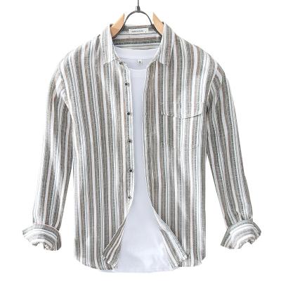 China CChinese Factory Custom Men's Cotton Casual Hemp Striped Long Sleeve Long Sleeve Shirt Loose Size Tops Anti-Shrink for sale