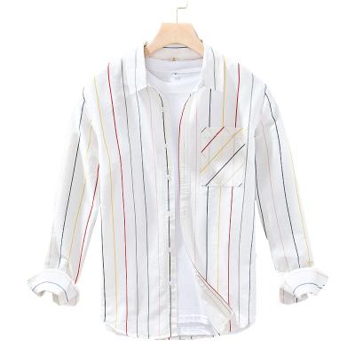 China wholesale Cheap Anti-Wrinkle Vertical Stripe Cotton Hemp Long Sleeve Shirt Men's Spring And Summer Fashion Slim Breathable Casual Shirt for sale