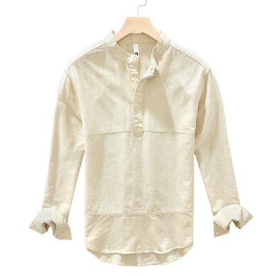 China wholesale New Retro Chinese Style Casual Fashion Anti-Wrinkle Men's Long Sleeve Shirt Cotton Canvas Lining Loose Thin Breathable for sale