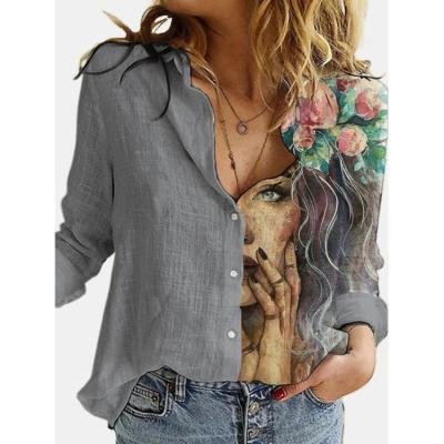 China Wholesale Womens Blouses Womens Anti-wrinkle Fashion Loose Fashion Cartoon Digital Female Flowing Retro Printing Ladies Long Sleeve Shirt for sale