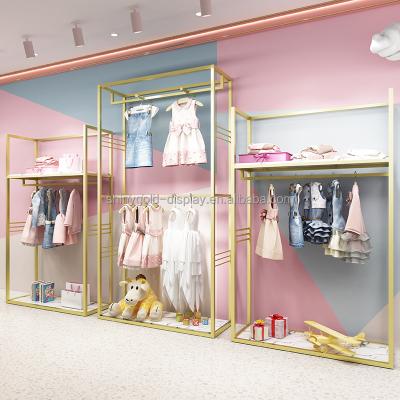 China Clothing Store Baby Cloth Rack Stainless Steel Boutique Kids Gold Baby Clothes Display Stand Kids Clothing Shelves For Baby Clothes for sale