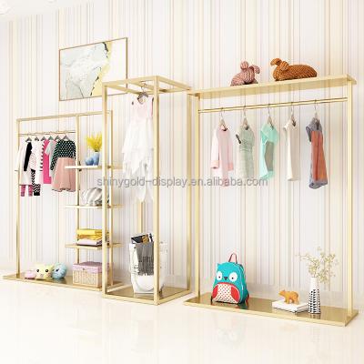 China Clothes Shop Shin Gold Children's Clothing Stand Custom Metal Kids Clothes Stand Clothing Rack Cloth Store Shelves Display for sale