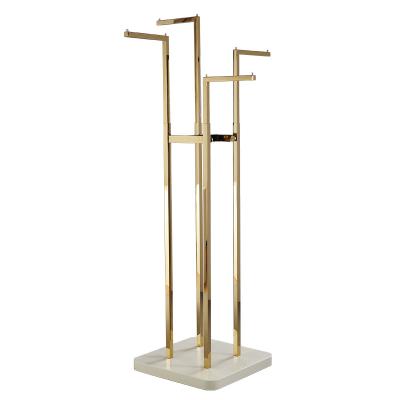 China Clothes Shop Clothing Hanging Metal Mixed Arms On Wheels Folding 4 Rail Gold Removable Garment Display Rack for sale