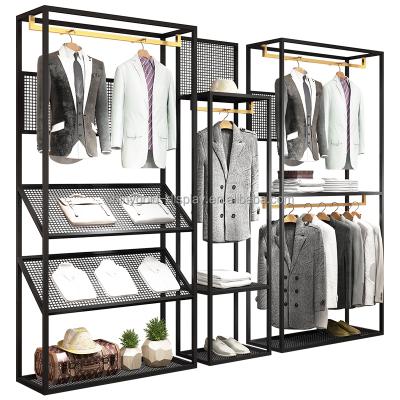 China Clothes Shop Custom Made Stainless Steel Apparel Rack Matte Black Display Stand Man Metal Clothing Store Garment Shop With Shelves for sale