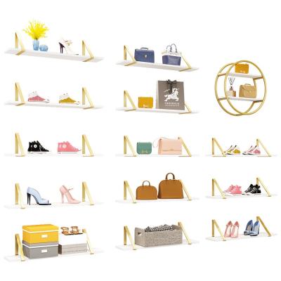 China Wall Mounted Shops Gold Shoe Rack Stainless Steel Metal and Luxury MDF Women Shop Lady Shoes Wall Display Rack for Store for sale