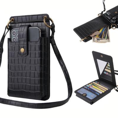 China Woman Fashion Leather Bag Crocodile Pattern Card Wallet Phone Case For IPhone Samsung Huawei Universal Cover With Mirror OEM for sale