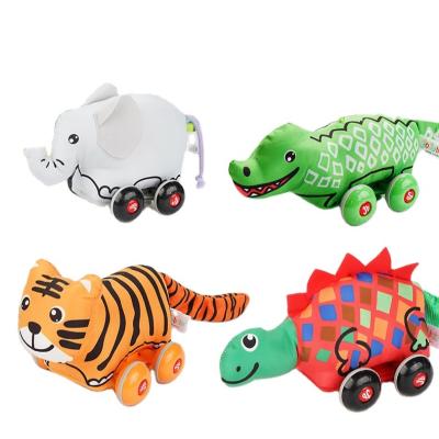 China Promotion Cloth Stuffed Children Elephant Giraffe Crocodile Stegosaurus Triceratops Automobile Pull Back Baby Toy Car Rub for sale