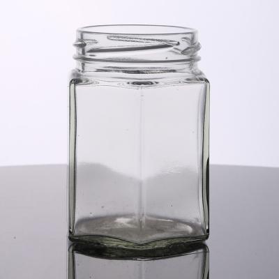 China CANDY 200ml Single Round Clear Flint Square Honey Yogurt Jam Glass Container Hexagonal Jar for sale