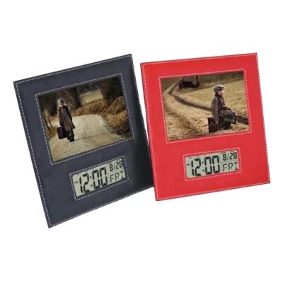 China Europe Classic LG3010 Personalized Leather Cheap Photo Frame With Electronic Digital Clock for sale