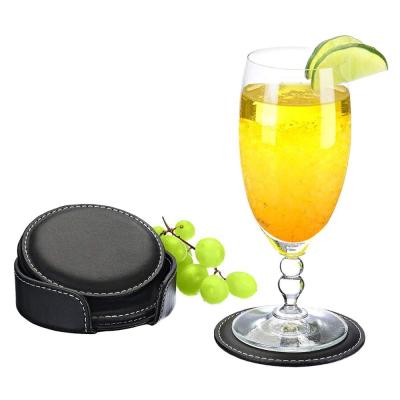 China Popular Europe Design Artificial Leather Round Shaped Table Coaster Set With Matching Stand LG-D012 for sale