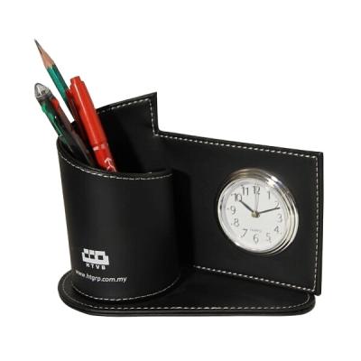 China LG-B015B Design Eco-friendly Leather Holder Creative Pen And Pencil Holder With Clock for sale