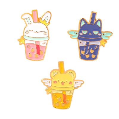 China China gold plated new creative metal boba straw milk cup rabbit cardcaptor Sakura pet cat drinks enamel pin for sale