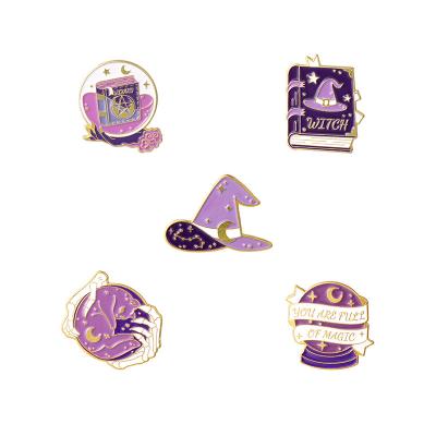 China Custom Curved China Gold Metal Purple Enamel Filling Magic Book Witch Hat Enamel Pins for sale