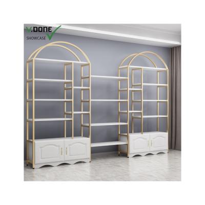 China Supermarket Merchandise Display Rack Stainless Steel Double Sided Wooden Display Cabinet Led Light Showcase for sale