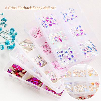 China Flatback Xiaopu New Wholesale K9 Glass Design Nail Art Rhinestones 6 Grid Mix Size Shape FlatBack 17 Colors Boxed 3D DIY Diamond for sale