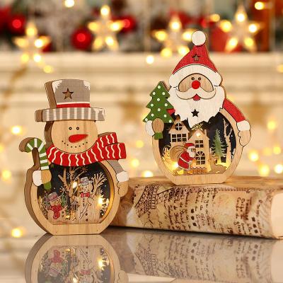 China New Wooden Christmas Decorations LED Santa Claus Decorations Hotel Window Light Wooden Christmas Gifts for sale