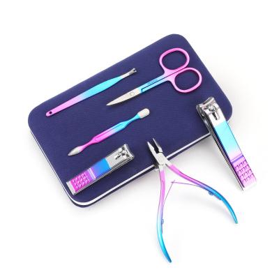 China 7 Pieces Set Colorful Stainless Steel Titanium Rainbow Skin Remover Dead Nail Cutter Nail Clippers Set Multifunctional Manicure Tool for sale