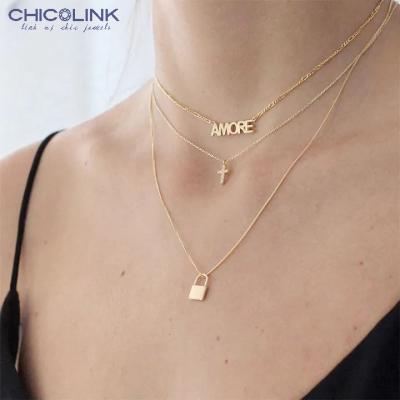 China CHICOLINK Cross and Key Romantic Jewelry Set Multi Layer Gold Plated Necklace Colgante 3 Layer Stainless Steel Link Chains for sale