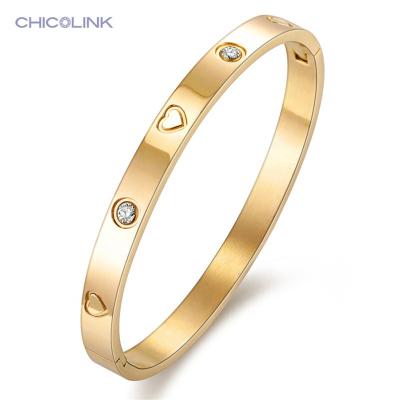 China Color Not Fade Simple Engraved Heart Love CZ Crystal Rose Gold Jewelry Stainless Steel Women Bracelet Bangle for sale