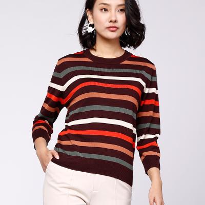 China Long Lasting 100% Casual Loose Knitted Silk Stripes Long Sleeve Plus Size Silk Sweaters For Women for sale