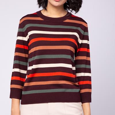 China 100% Long Lasting Casual Loose Knitted Silk Stripes Long Sleeve Plus Size Mulberry Silk Sweater For Women for sale