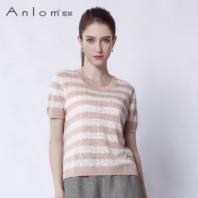 China Summer Viable Custom Short Sleeve Stripes Pink O Neck Shirt Pure Silk Canvas Ladies Stitches Women T-Shirt for sale