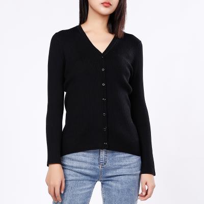 China Anti-Wrinkle Clothing Silk Cotton Women's Sheer V-Neck Front Long Sleeve Button Black Cardigan Sweater for sale