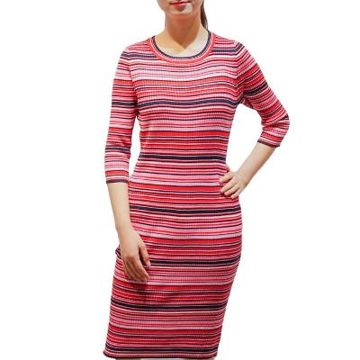 China Factory Anti-Static Girls Club Fashion Round Neck Striped 100% Natural Silk Women Casual Knitted Sweater Dress for sale