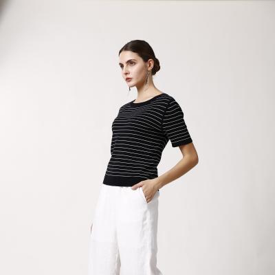 China QUICK DRY women's body-fitting striped shirt short sleeve silk knit round neck striped sweater summer top dress for sale