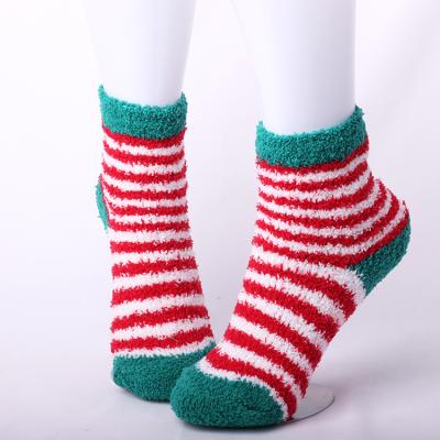 China Wholesale Antibacterial Green and Red Fuzzy Christmas Socks Stripe Fashion Custom Winter Warm Socks for sale