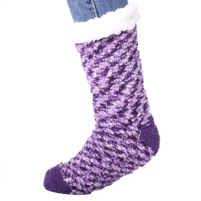 China Antibacterial Antibacterial Purple Crew Fluffy Fleece Striped Fuzzy Socks Women for sale