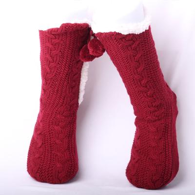 China Antibacterial Antibacterial Red Knit Fuzzy Woolen Winter Socks For Women Patch Fleece Striped Winter Slipper Socks for sale