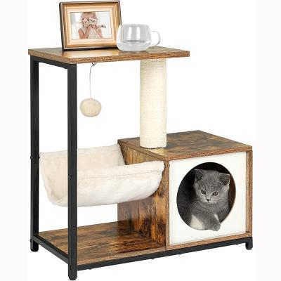 China Modern Wooden Cat Tree Tower Pet Furniture Stocked With Striping Cute House Hammock Housing Pole Soft Cave Bed for sale