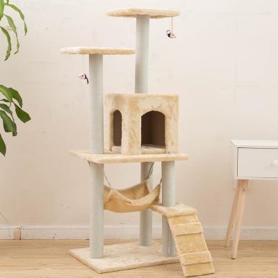 China Stocked Sisal Covered Lining Wood Cat Tree House Cat Tree Large Condo Tower Hammock Tunnel Plush Rooms for sale