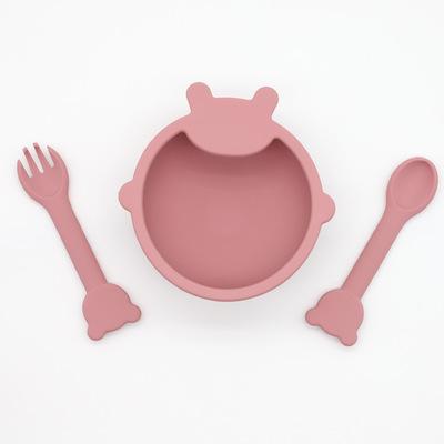 China NCYLIFE BPA Free Animal Design Shape Big Pink Silicone Baby Suction Bowl With Spoon Fork Food Grade for sale